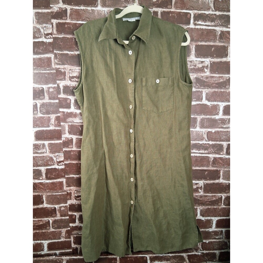 Vintage 90s Olive Green Linen Shirt Dress 14 Sleeveless Made in Italy Boutique